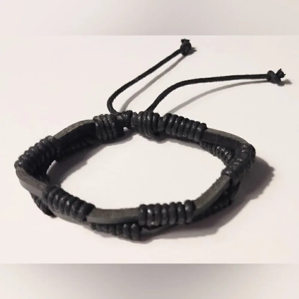 Men's bracelet leather layered black new d80‎